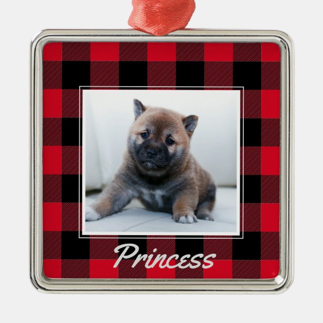 Cute Red Buffalo Plaid Personalised Dog Pet Metal Ornament (Front)