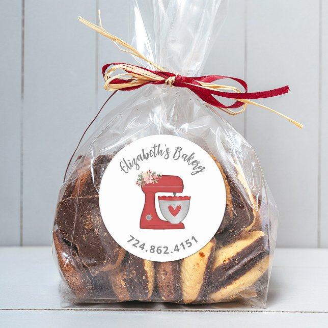Cute Red Cake Mixer Baked With Love Classic Round Sticker (A cute red business Bakery sticker. Personalize it with yiur name and phone number.)