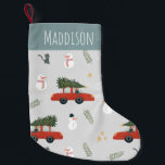 Cute Red Car and Snowman Winter Holiday Tree Kids Small Christmas Stocking<br><div class="desc">This cute and quirky kids Christmas stocking design features a unique red car illustration with a Christmas tree and snowman/snowwoman,  cat,  stars and space for your boy's name. The perfect gender neutral keepsake for your little one's first Christmas,  or for a car or winter-loving kid!</div>