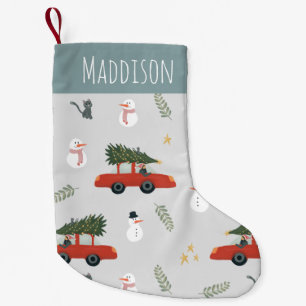 Cute Red Car and Snowman Winter Holiday Tree Kids Small Christmas Stocking