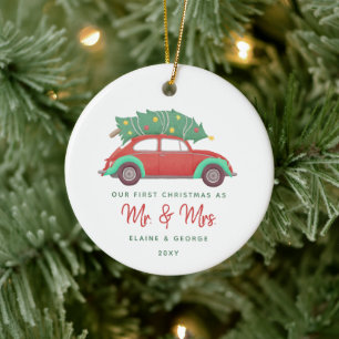 Cute Red Car Christmas Tree First Christmas Ceramic Ornament
