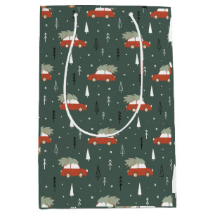 Cute Red Car Christmas Tree Winter Pattern Medium Gift Bag