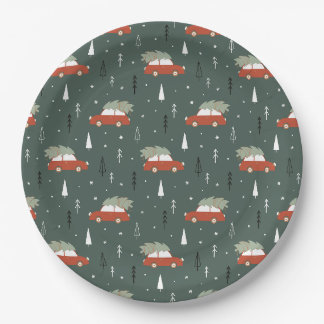 Cute Red Car Christmas Tree Winter Pattern Paper Plate