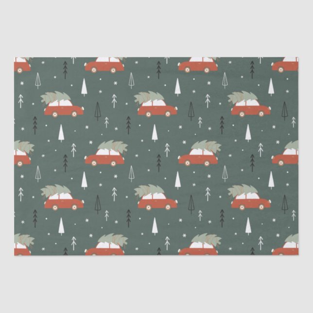 Cute Red Car Christmas Tree Winter Pattern Tissue Paper (Front)