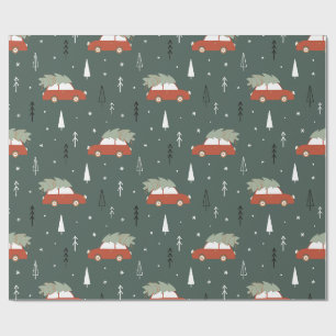Cute Red Car Christmas Tree Winter Pattern Wrapping Paper