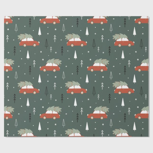Cute Red Car Christmas Tree Winter Pattern Wrapping Paper (Flat)