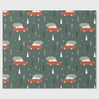 Cute Red Car Christmas Tree Winter Pattern Wrapping Paper