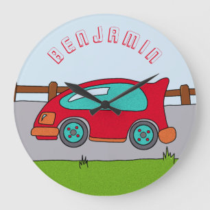 Cute Red Car Road Boy Name Nursery Large Clock