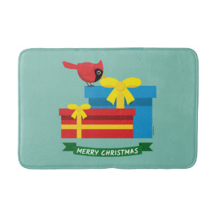 Cute Red Cardinal Opening A Blue Gift Bath Mat