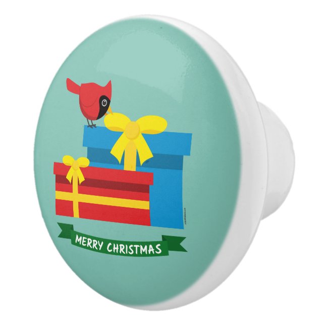 Cute Red Cardinal Opening A Blue Gift Ceramic Knob (Right)