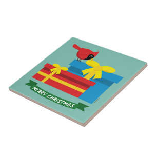 Cute Red Cardinal Opening A Blue Gift Ceramic Tile