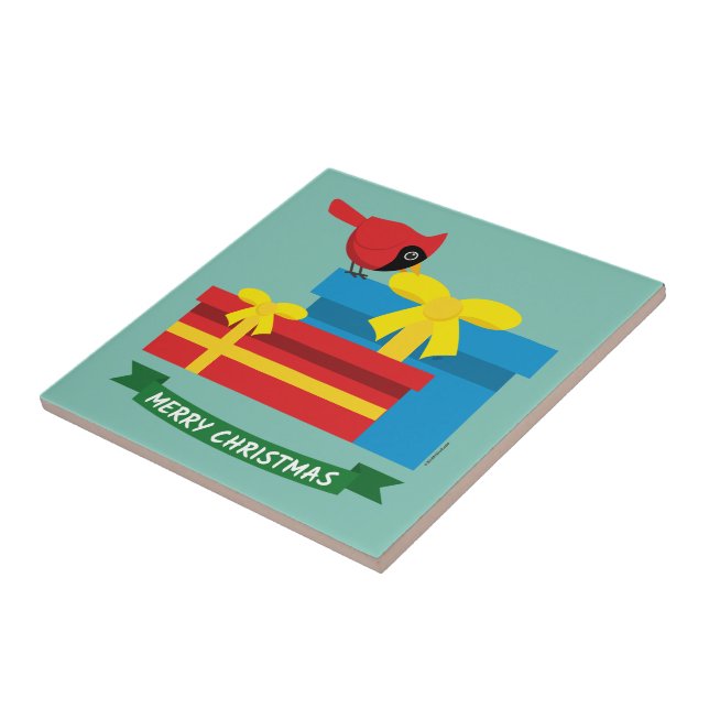 Cute Red Cardinal Opening A Blue Gift Ceramic Tile (Side)