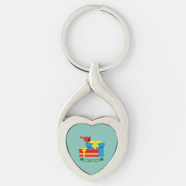 Cute Red Cardinal Opening A Blue Gift Key Ring (Front)