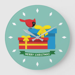 Cute Red Cardinal Opening A Blue Gift Large Clock