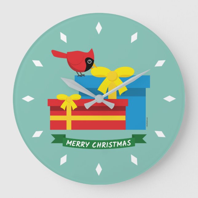 Cute Red Cardinal Opening A Blue Gift Large Clock (Front)