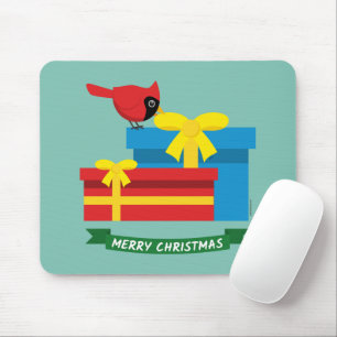 Cute Red Cardinal Opening A Blue Gift Mouse Pad