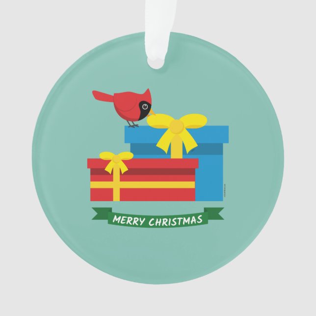 Cute Red Cardinal Opening A Blue Gift Ornament (Front)