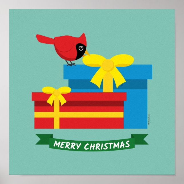 Cute Red Cardinal Opening A Blue Gift Poster (Front)