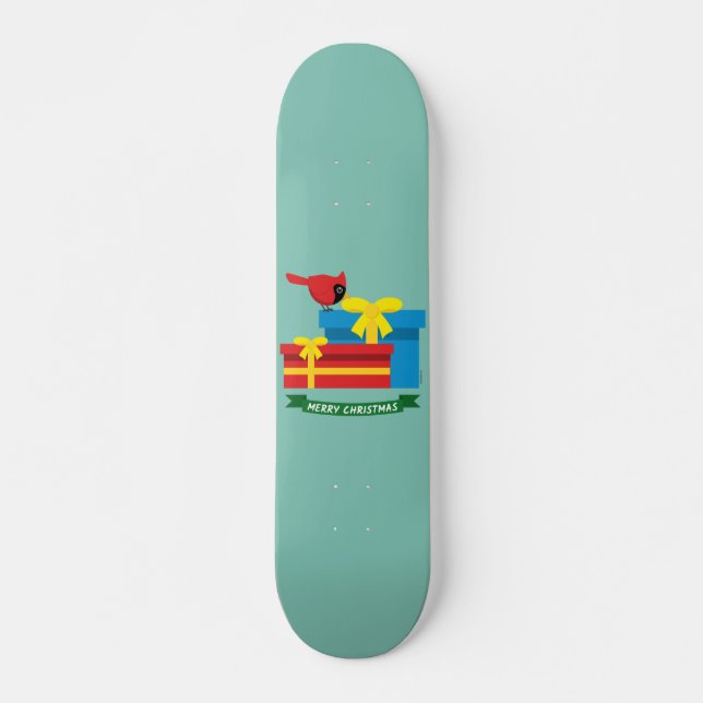 Cute Red Cardinal Opening A Blue Gift Skateboard (Front)