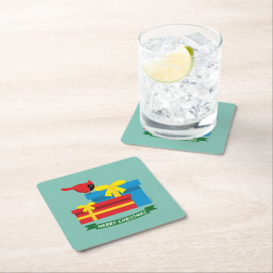 Cute Red Cardinal Opening A Blue Gift Square Paper Coaster