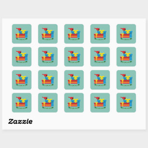 Cute Red Cardinal Opening A Blue Gift Square Sticker