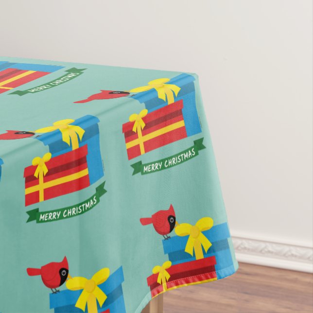 Cute Red Cardinal Opening A Blue Gift Tablecloth (In Situ)