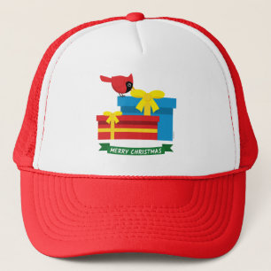 Cute Red Cardinal Opening A Blue Gift Trucker Hat