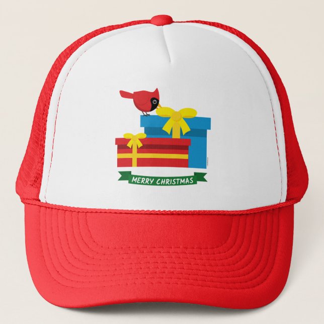 Cute Red Cardinal Opening A Blue Gift Trucker Hat (Front)