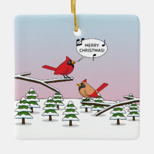 Cute Red Cardinal Singing Merry Christmas Ceramic Ornament