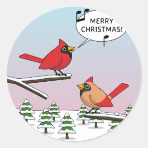 Cute Red Cardinal Singing Merry Christmas Classic Round Sticker