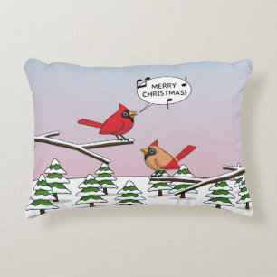 Cute Red Cardinal Singing Merry Christmas Decorative Cushion