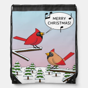 Cute Red Cardinal Singing Merry Christmas Drawstring Bag