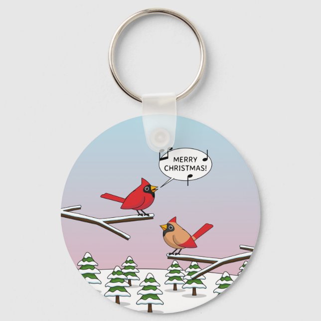 Cute Red Cardinal Singing Merry Christmas Key Ring (Front)