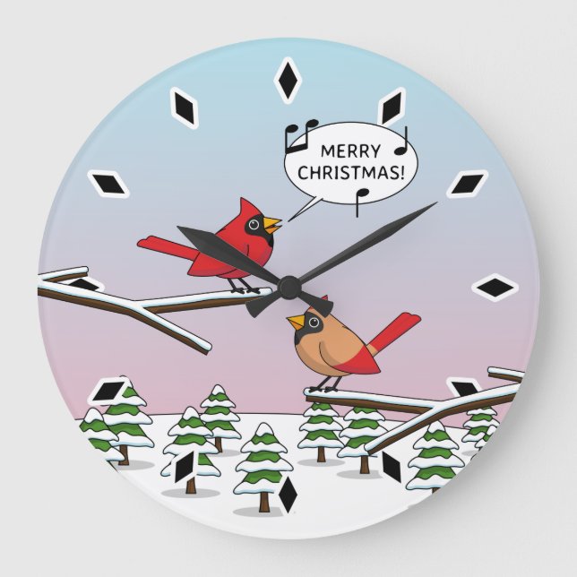 Cute Red Cardinal Singing Merry Christmas Large Clock (Front)