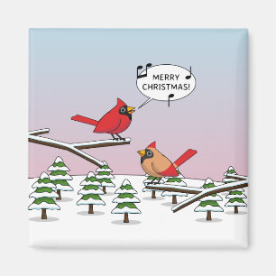 Cute Red Cardinal Singing Merry Christmas Magnet