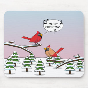 Cute Red Cardinal Singing Merry Christmas Mouse Pad