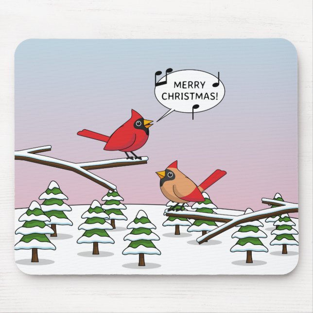 Cute Red Cardinal Singing Merry Christmas Mouse Pad (Front)