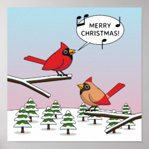 Cute Red Cardinal Singing Merry Christmas Poster
