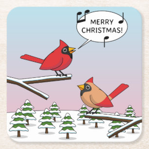 Cute Red Cardinal Singing Merry Christmas Square Paper Coaster