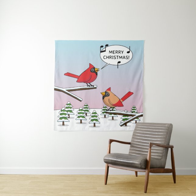 Cute Red Cardinal Singing Merry Christmas Tapestry (In Situ)