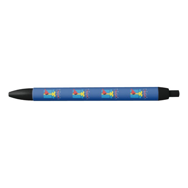 Cute Red Cardinal With Blue Gift Black Ink Pen (Front)