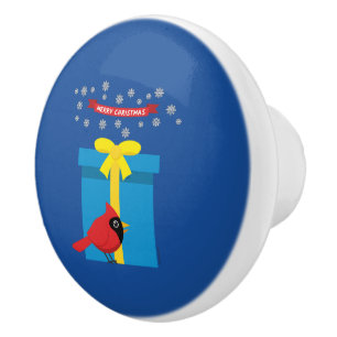 Cute Red Cardinal With Blue Gift Ceramic Knob