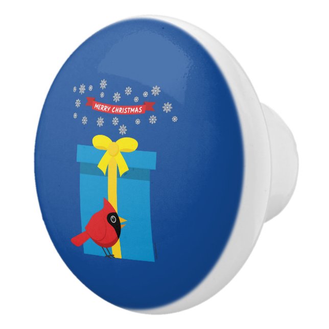 Cute Red Cardinal With Blue Gift Ceramic Knob (Right)