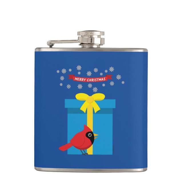 Cute Red Cardinal With Blue Gift Hip Flask (Front)