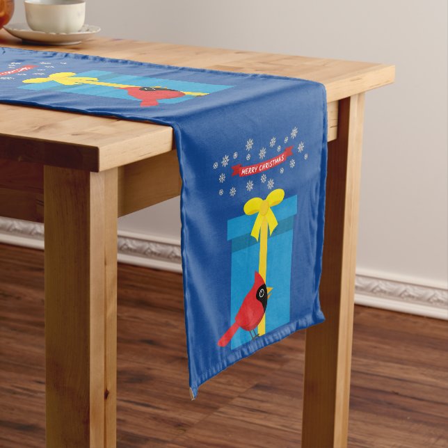 Cute Red Cardinal With Blue Gift Medium Table Runner (In Situ)
