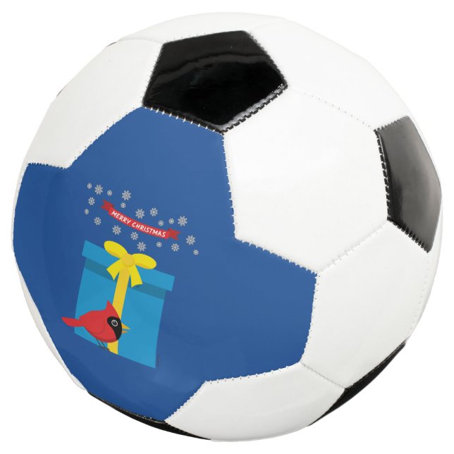Cute Red Cardinal With Blue Gift Soccer Ball (Three Quarter)