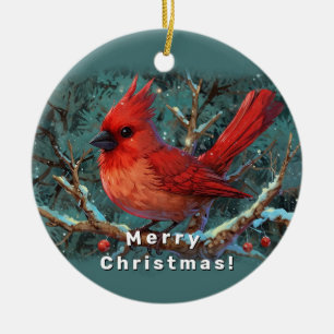 Cute Red Cardinal with Winter Red Berries Ceramic Ornament