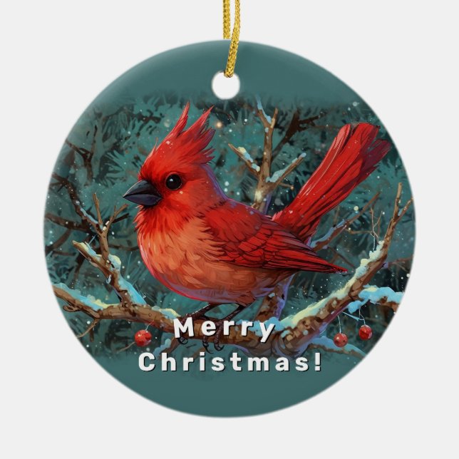 Cute Red Cardinal with Winter Red Berries Ceramic Ornament (Front)