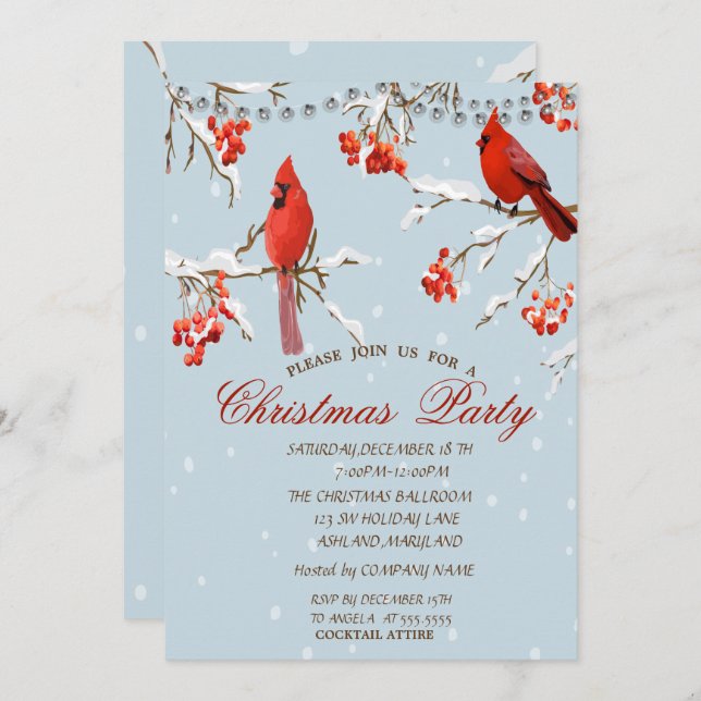 Cute Red Cardinals Tree Snow Christmas  Invitation (Front/Back)