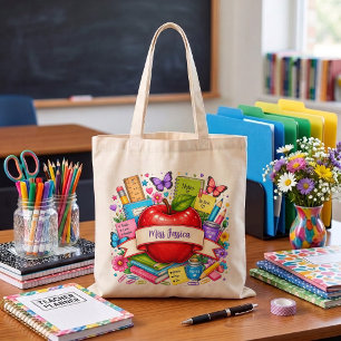 Cute Red Cartoon Apple Inspirational Teacher Tote Bag